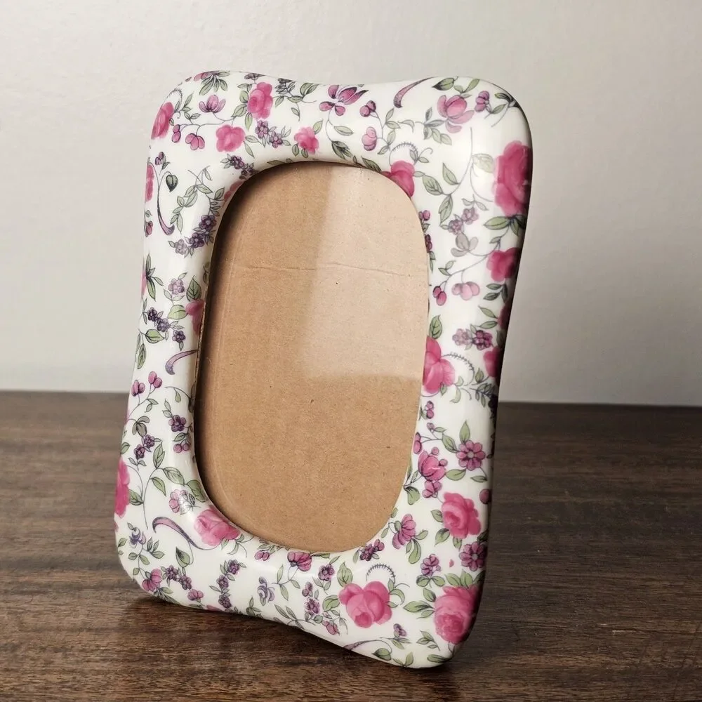 Vintage Ceramic Pink & Green Chintz Floral Small Picture Frame
